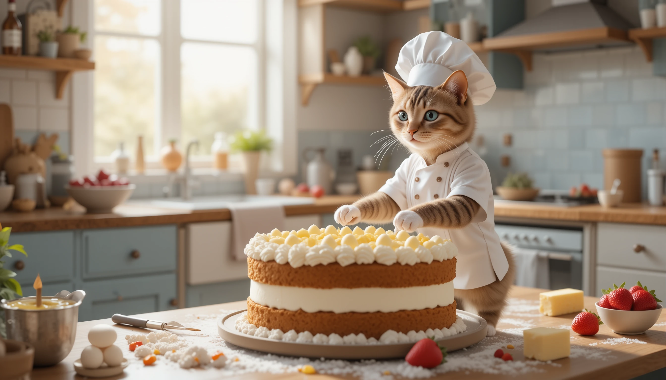 Adorable gato pastelero decorando un pastel en la cocina