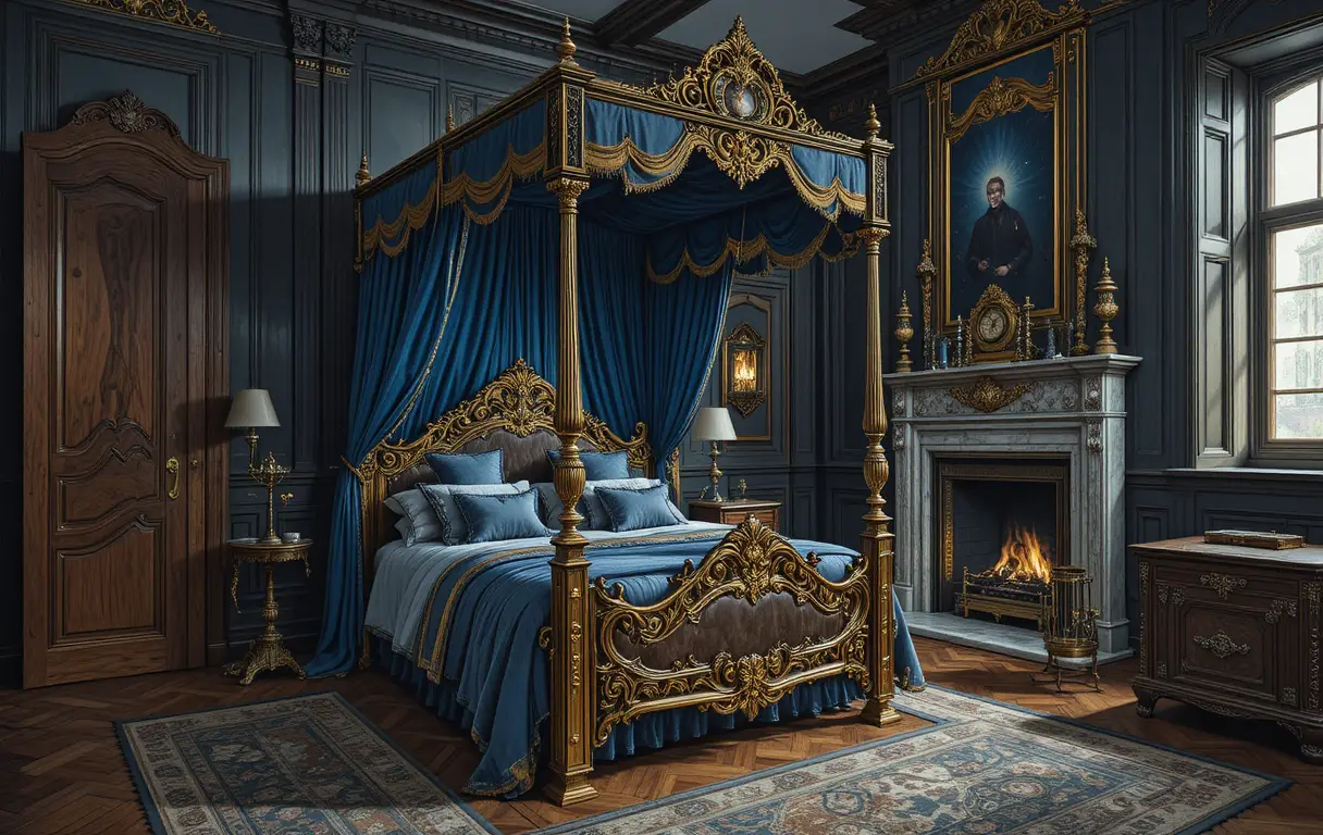 Dormitorio antiguo lujoso con cama con dosel ornamentado y chimenea