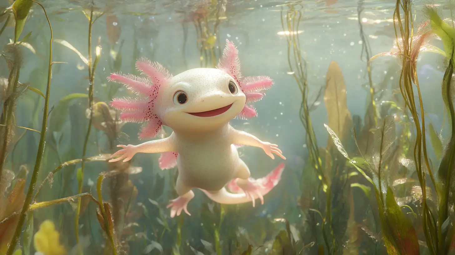 Cute baby axolotl swimming through underwater plants