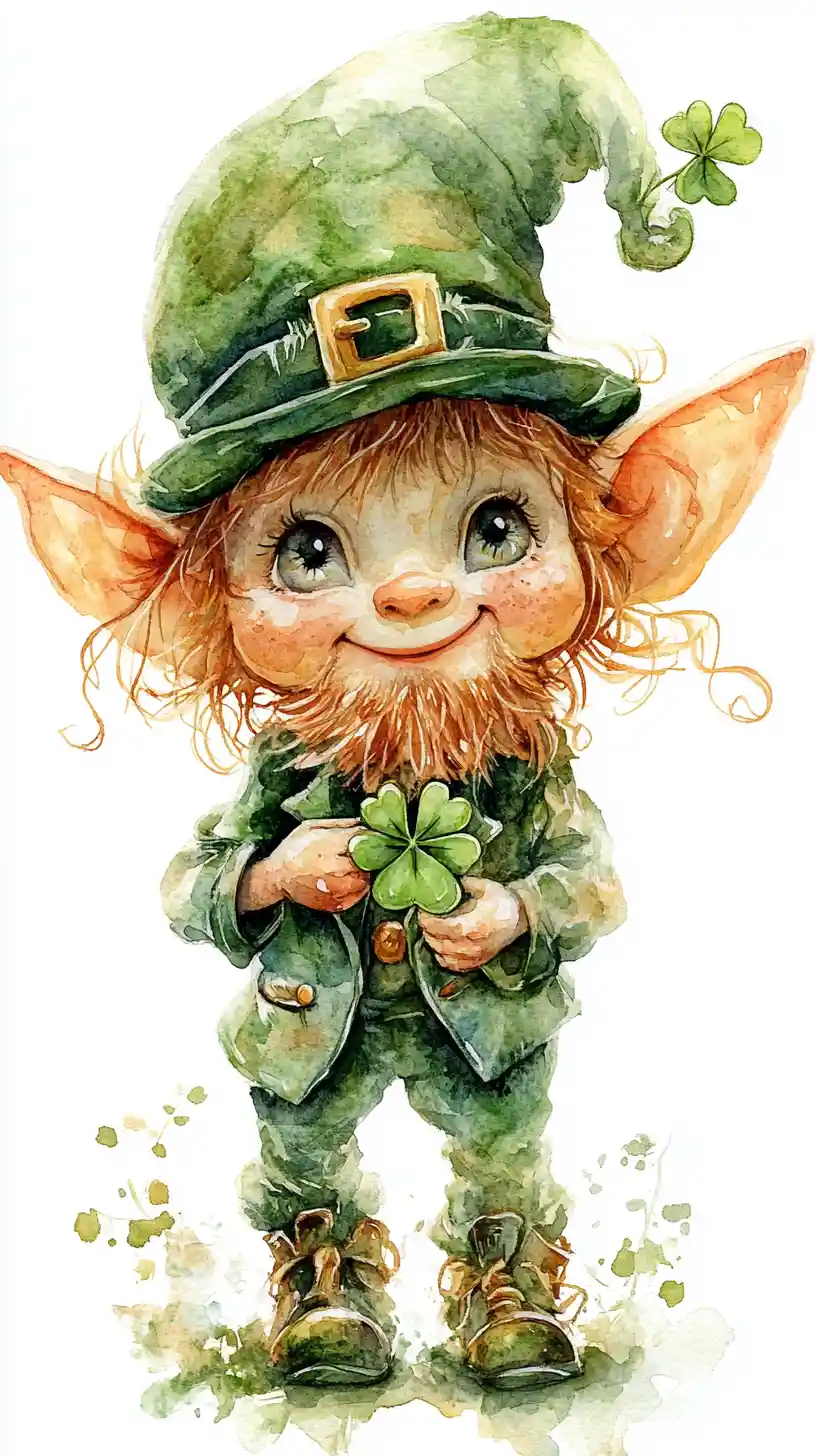 Leprecauno ad acquerello che tiene un piccolo trifoglio