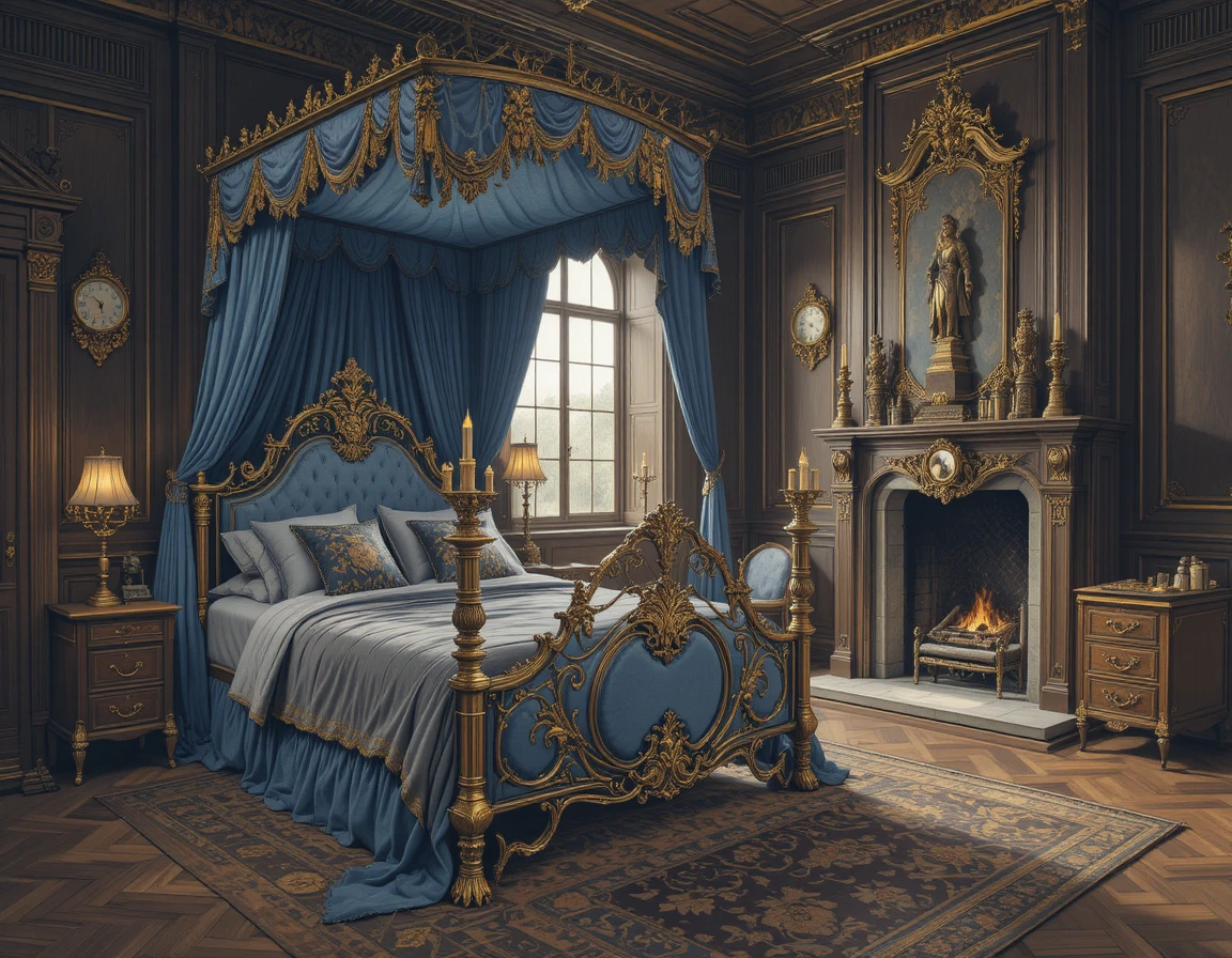 Lujosa cama antigua en un amplio dormitorio revestido de madera
