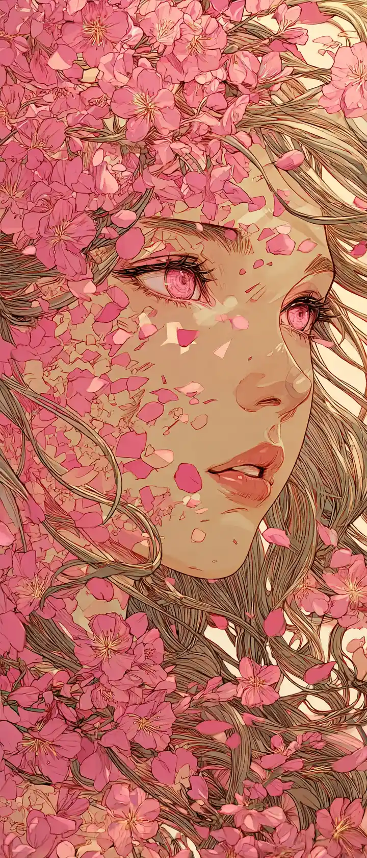 Anime woman merged with cherry blossom petals at twilight