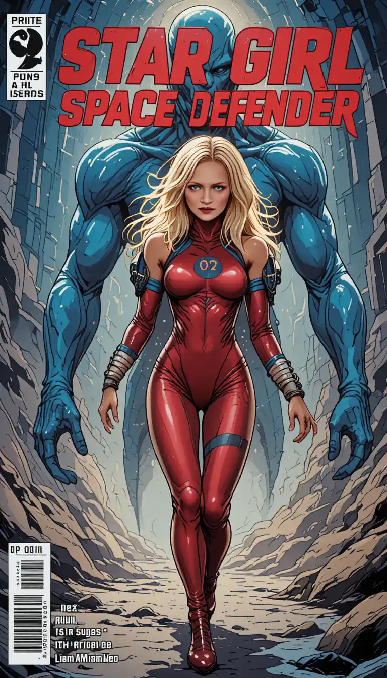 Copertina di fumetto sci‑fi con eroina in fuga e alieno