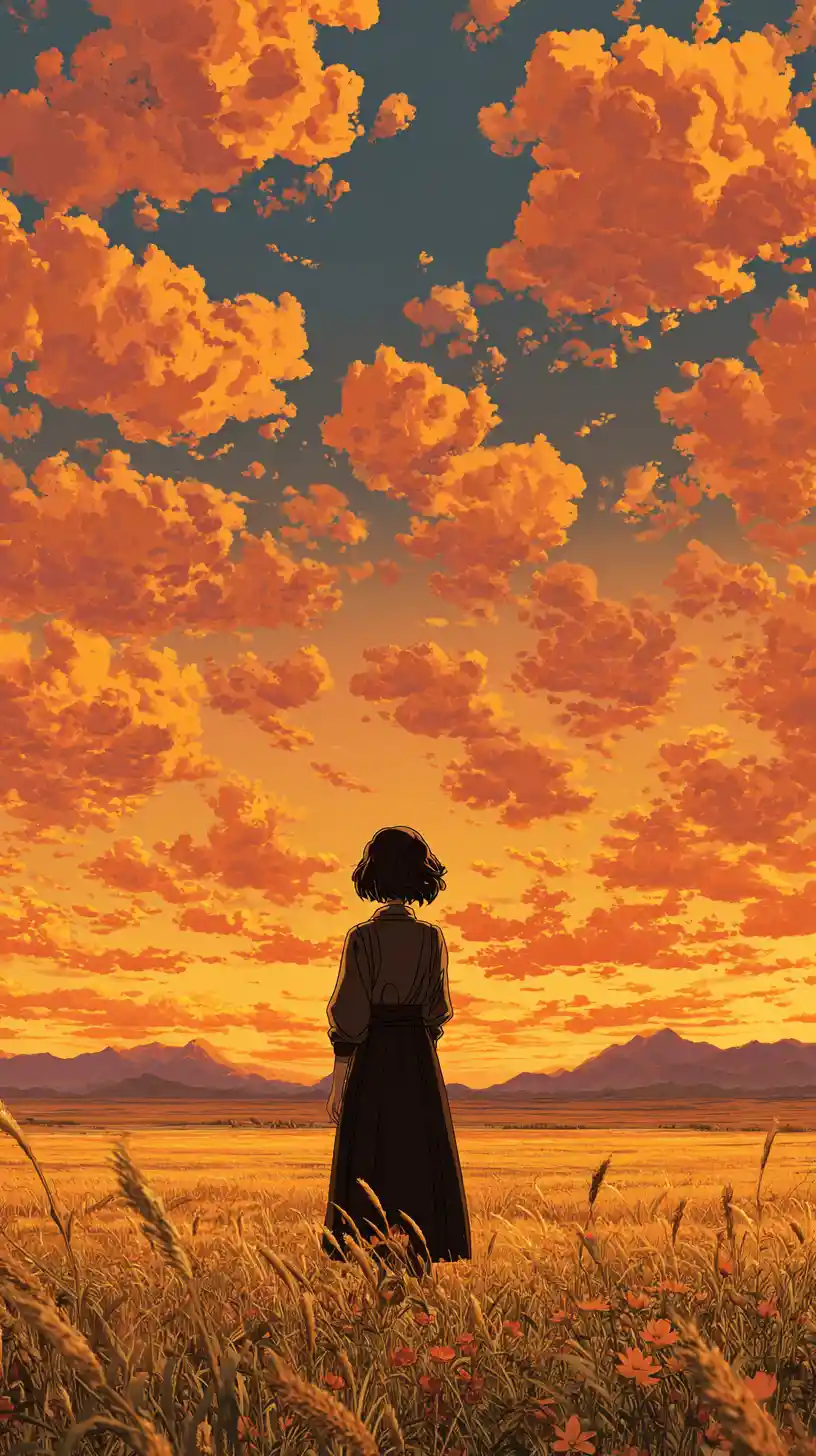 Young girl in a golden field at sunset sky