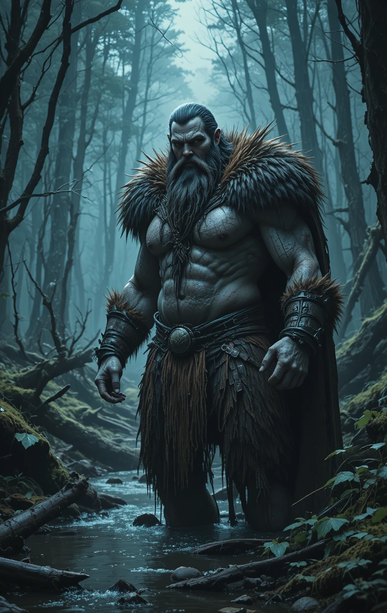 Scarred bearded giant warrior standing in a misty forest stream