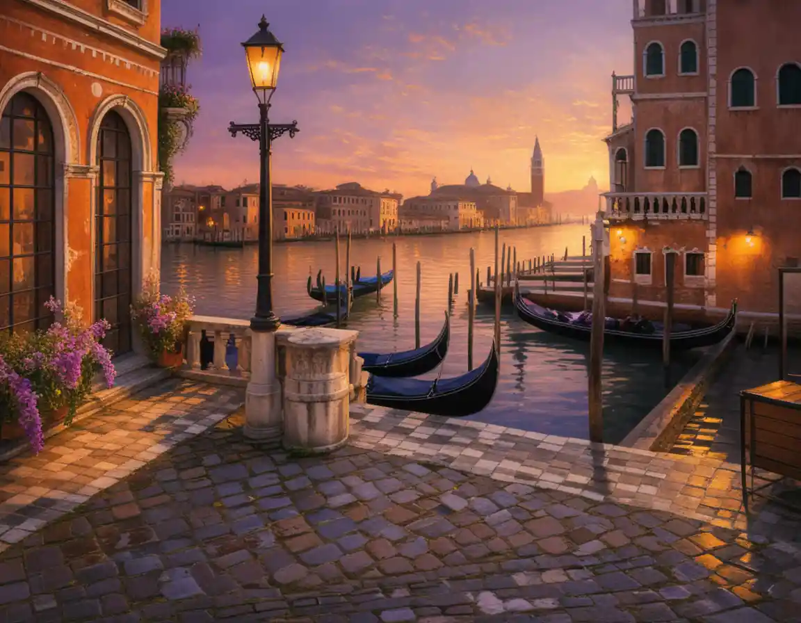 Canale veneziano al tramonto con gondole e luce calda dei lampioni