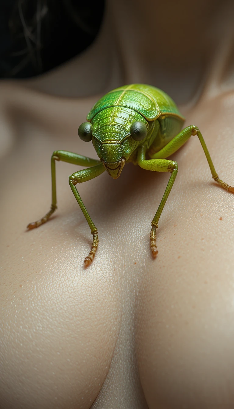 Macro view of a green grasshopper clinging to human skin