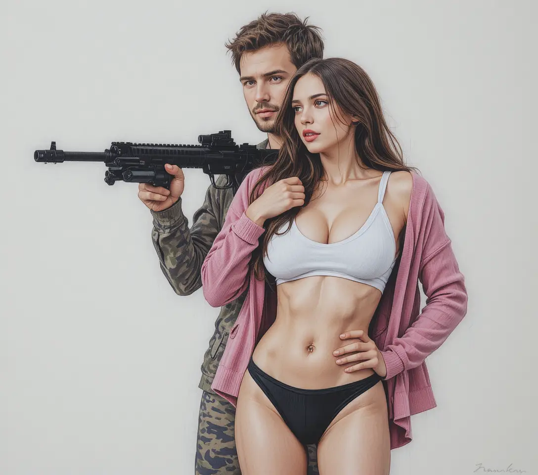 Homem armado e mulher ansiosa em abraço emocional intenso