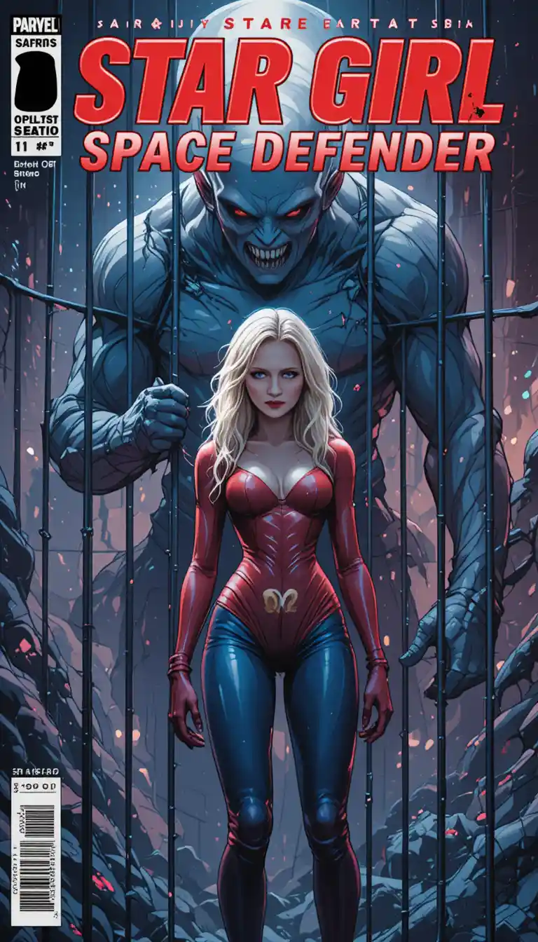 Blonde space heroine in cage facing towering alien foe