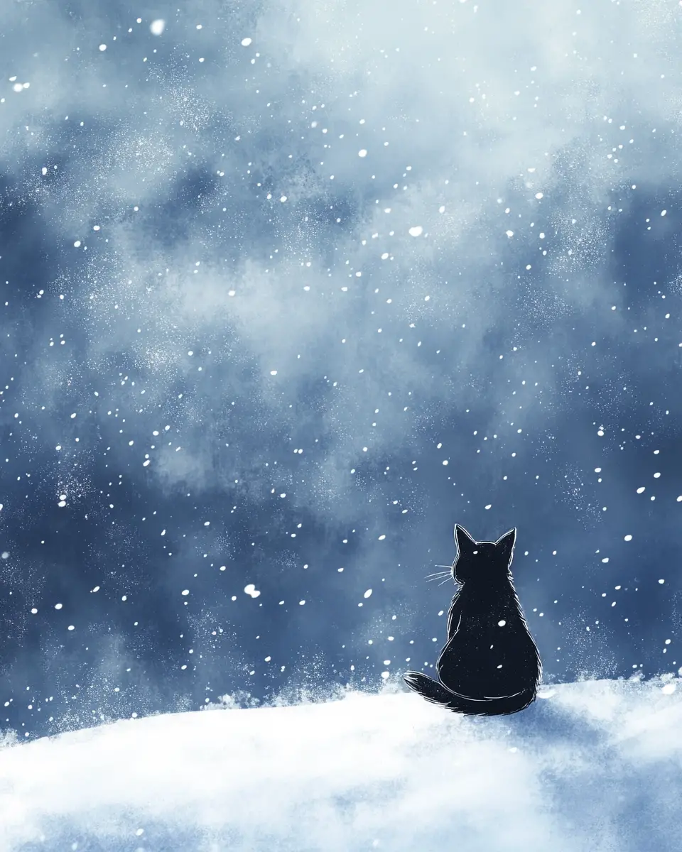 Anime cat silhouette in softly falling snow illustration