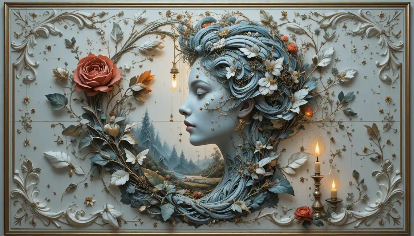 Gothic woman with floral aura and golden magical rain