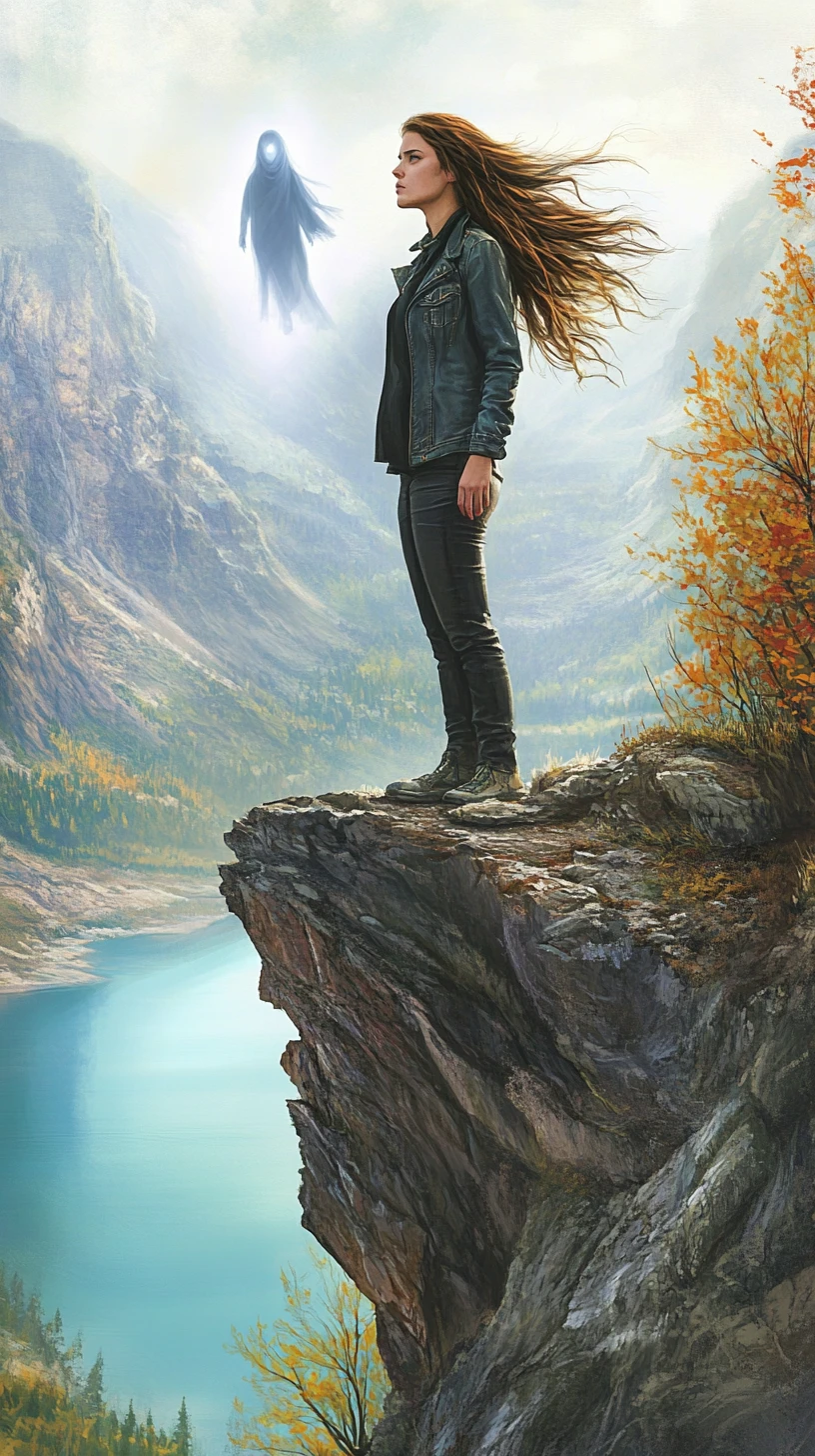 Woman on a cliff facing a calm lake below