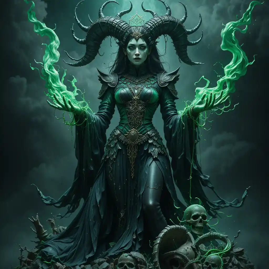 Dark necromancer queen in swirling green necrotic mist