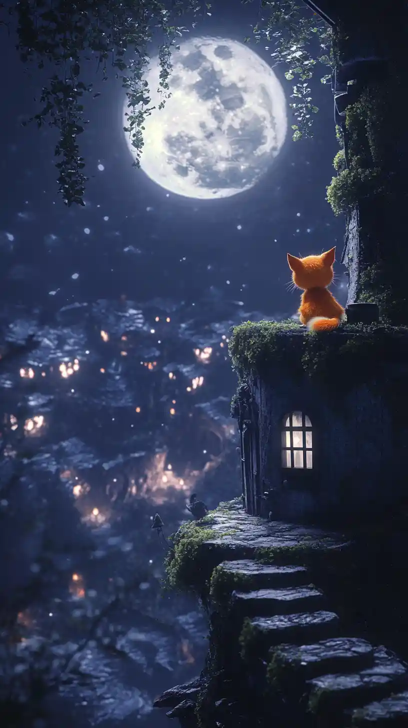 Whimsical furry creature overlooking lights from ruined tower