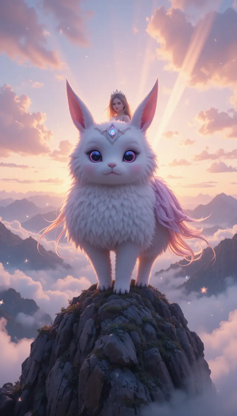 Princess riding a giant kawaii creature on a mystical peak