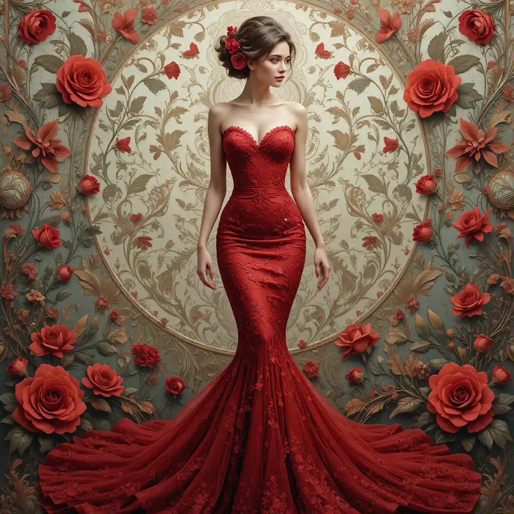 Woman in red lace gown amid ornate floral background