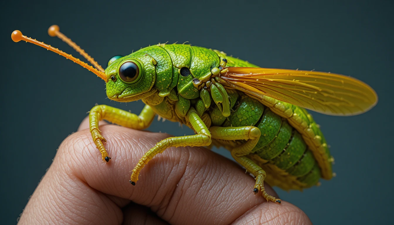 Macro view of green grasshopper clinging to human thumb