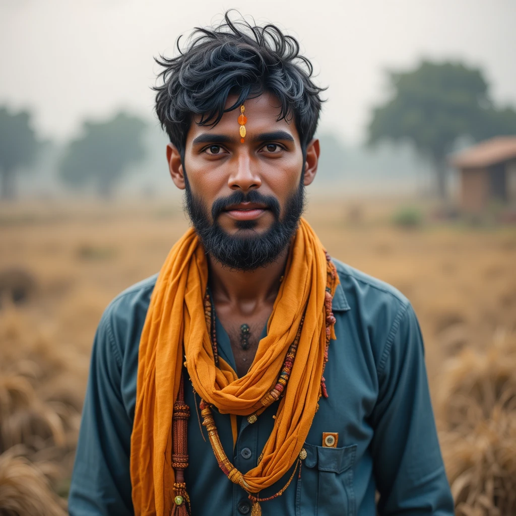 Young man working hard in a rural village field
