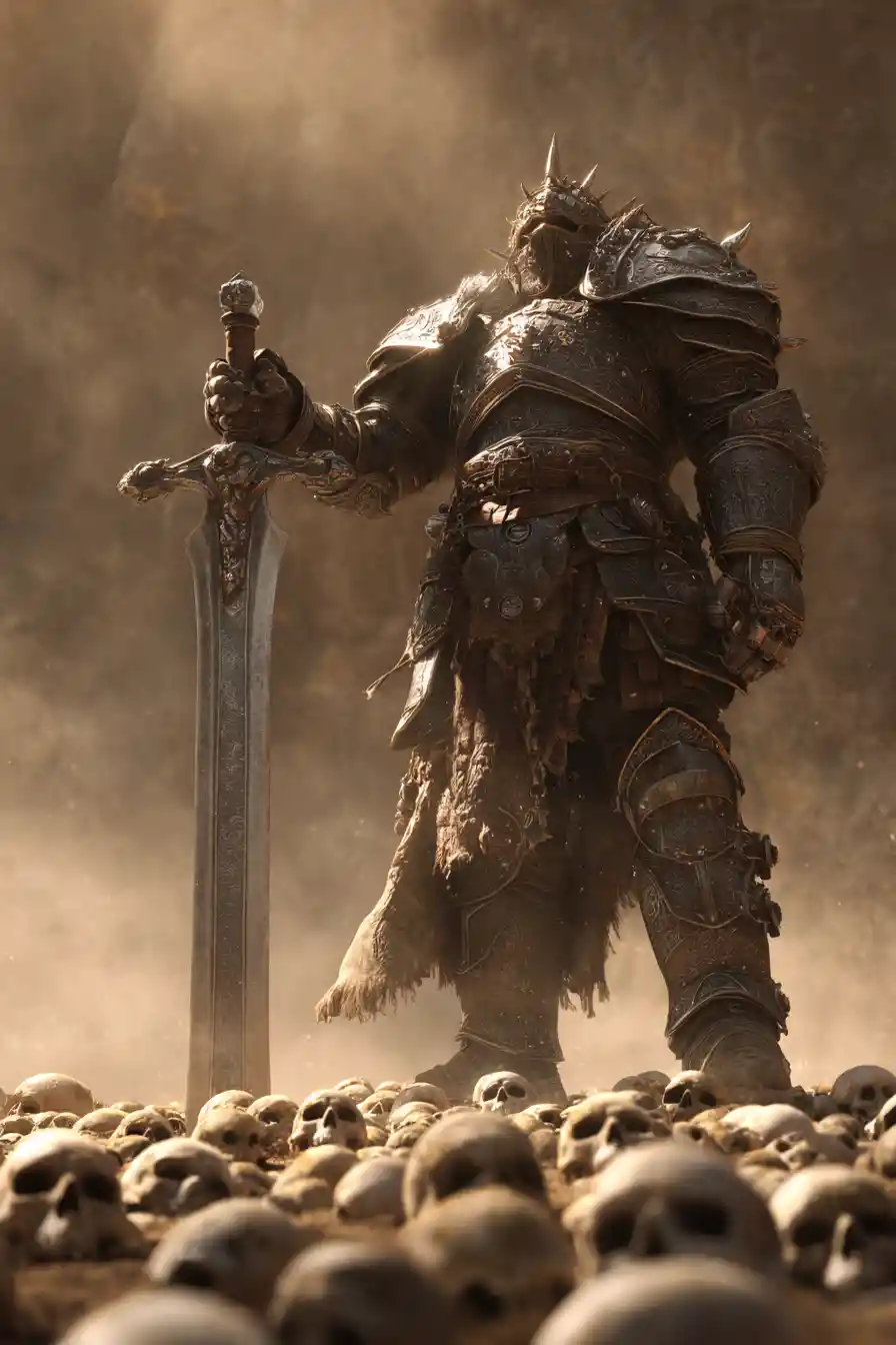 Paladin warrior stands over skull strewn battlefield in fog