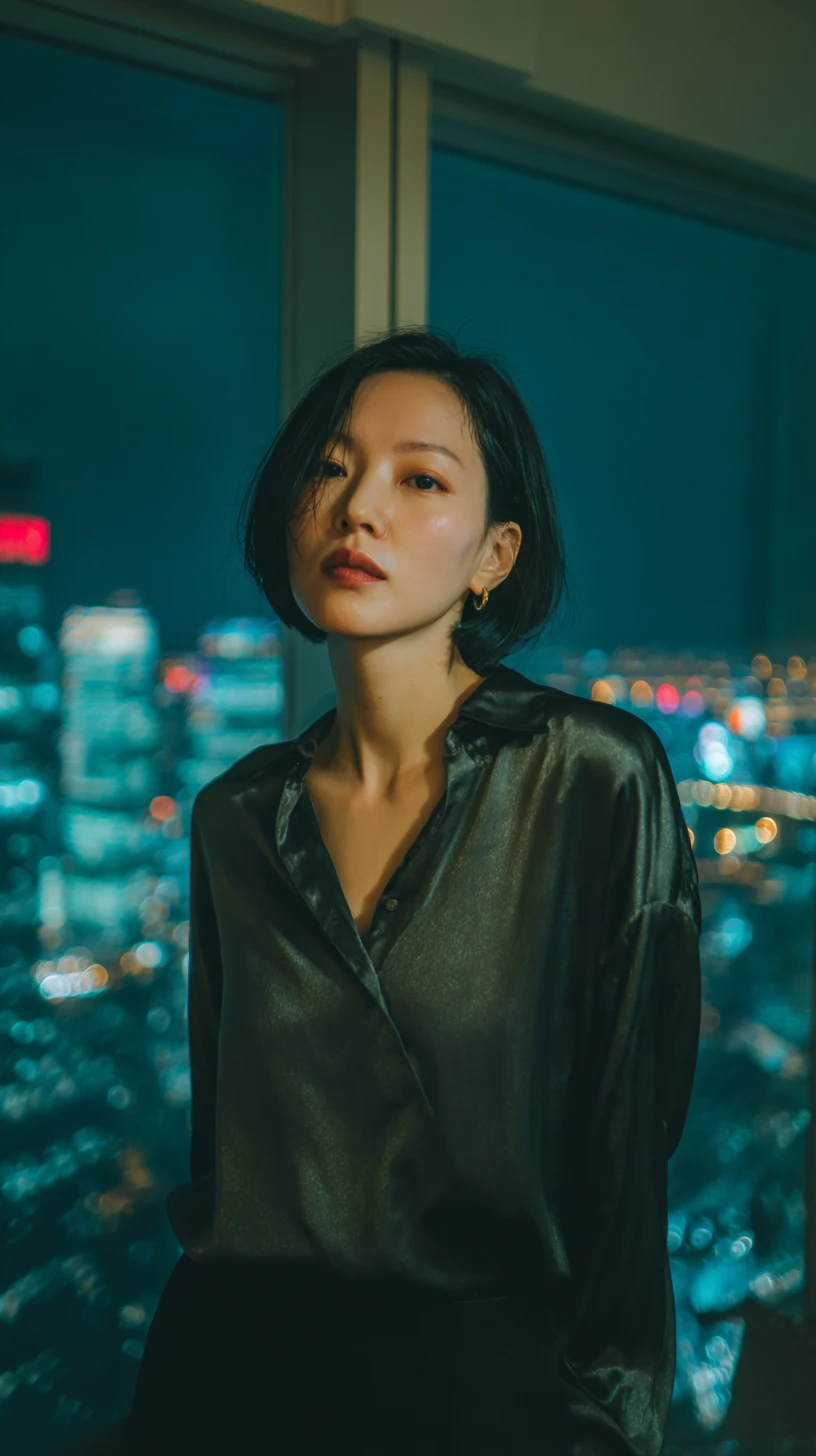 East Asian woman by night window in city apartment