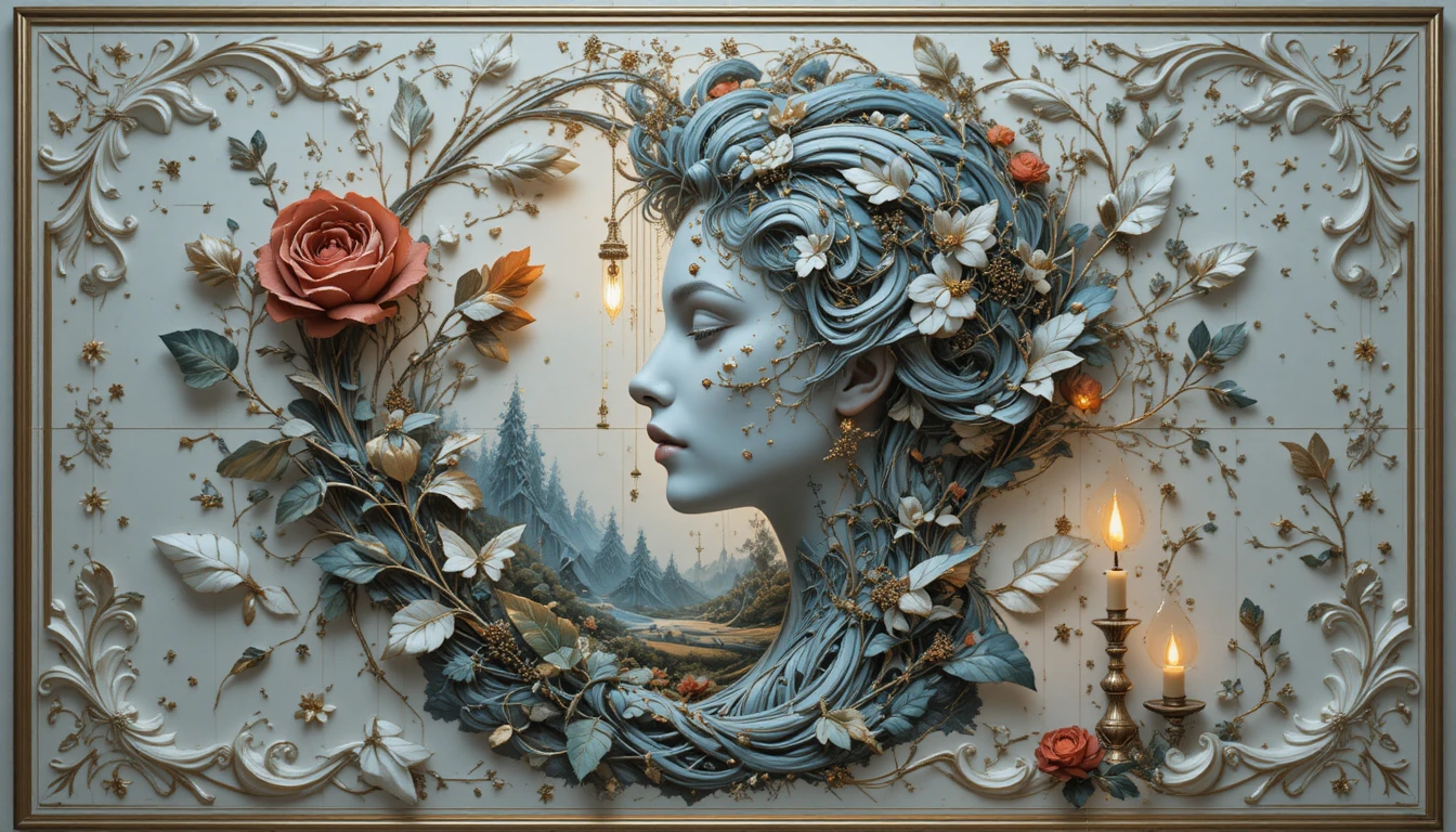 Gothic woman with floral aura and golden magical rain