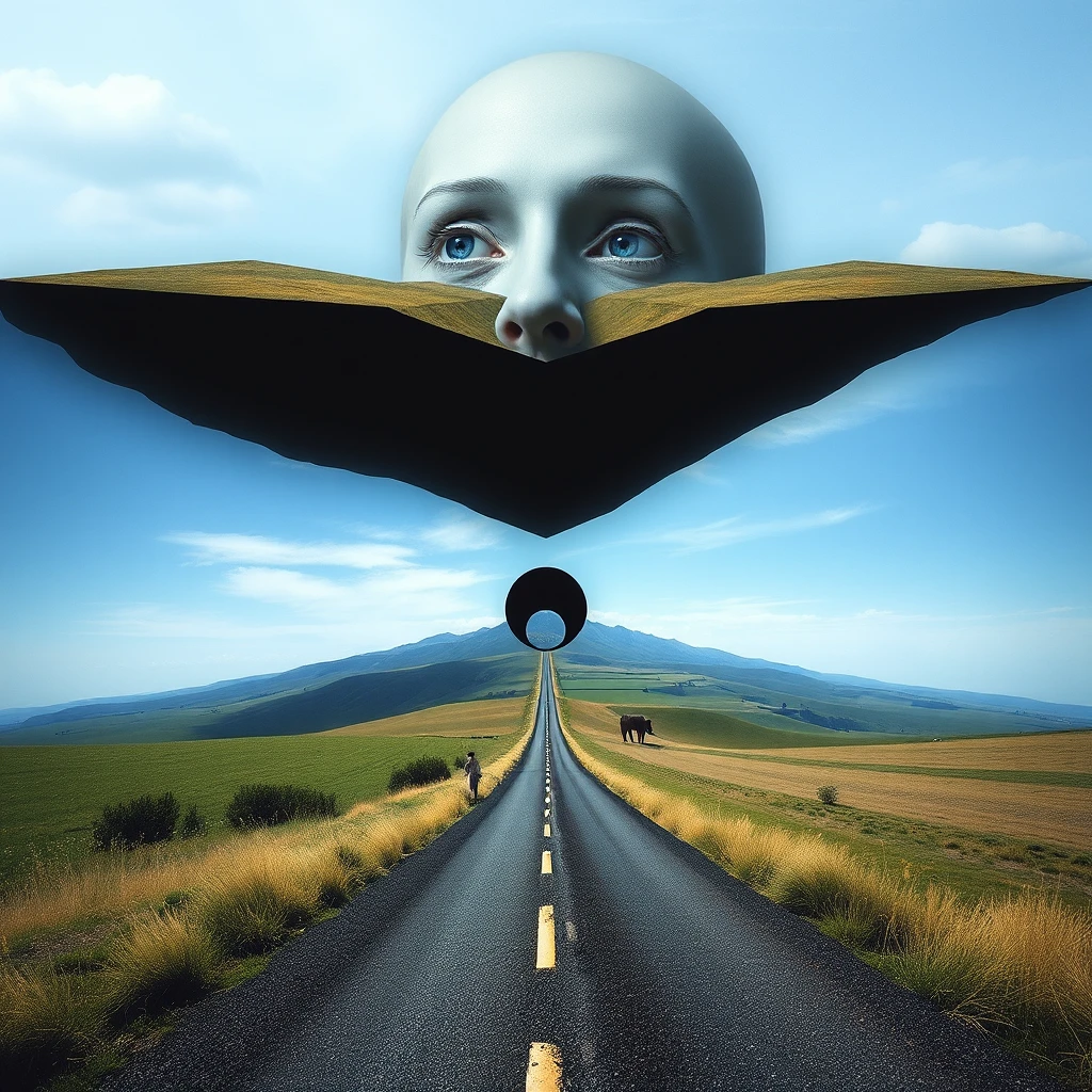 Rosto surreal fundindo-se com paisagem e ilusão de túnel