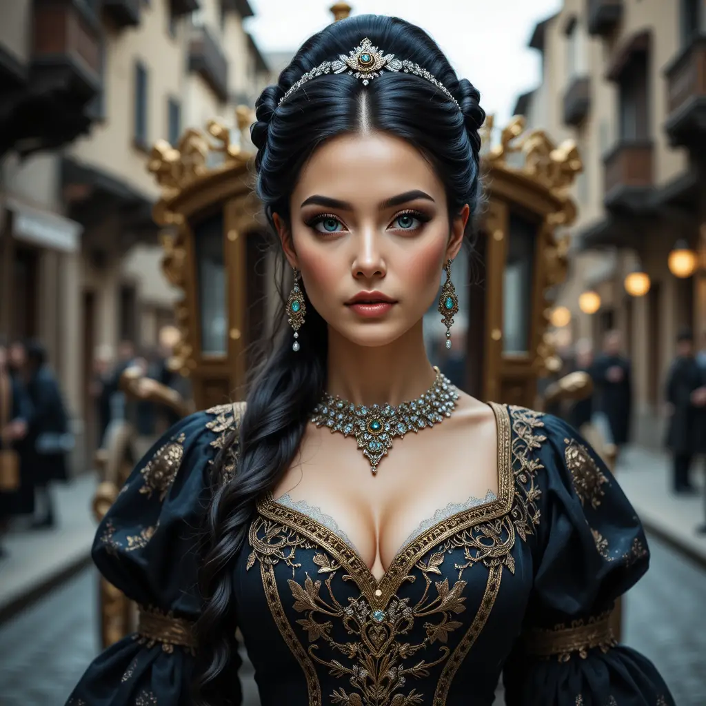 Elegant noblewoman in jeweled medieval gown before carriage