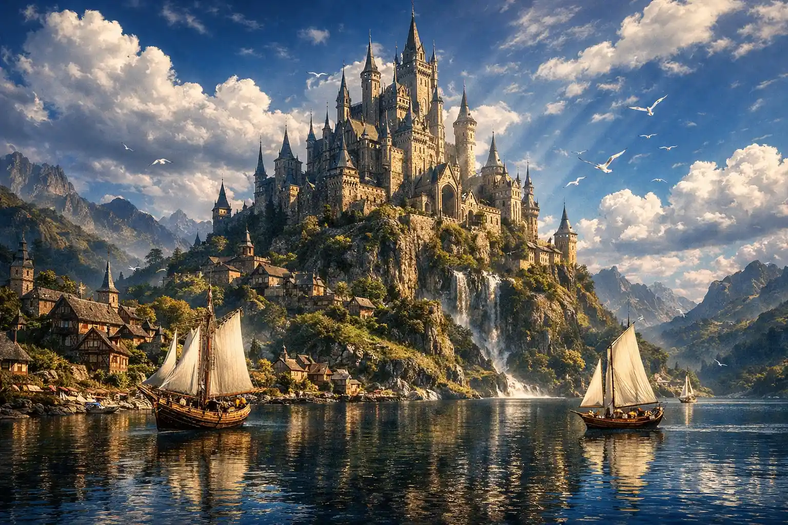 Fantasy castle above a tranquil harbor with sailing boats