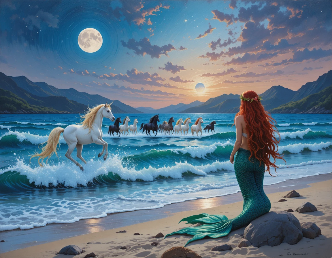 Sirena en la playa mirando a un unicornio al atardecer