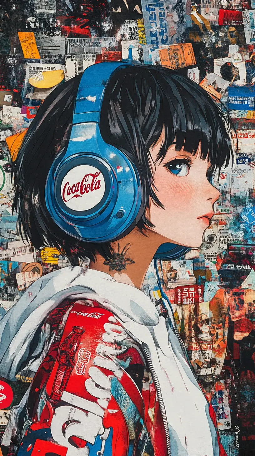Anime girl in collage jacket with blue headphones