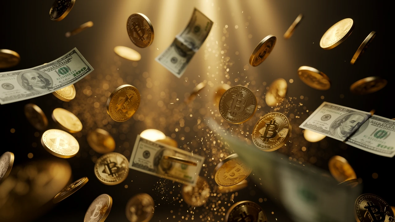 金幣與鈔票在溫暖抽象光線中漂浮