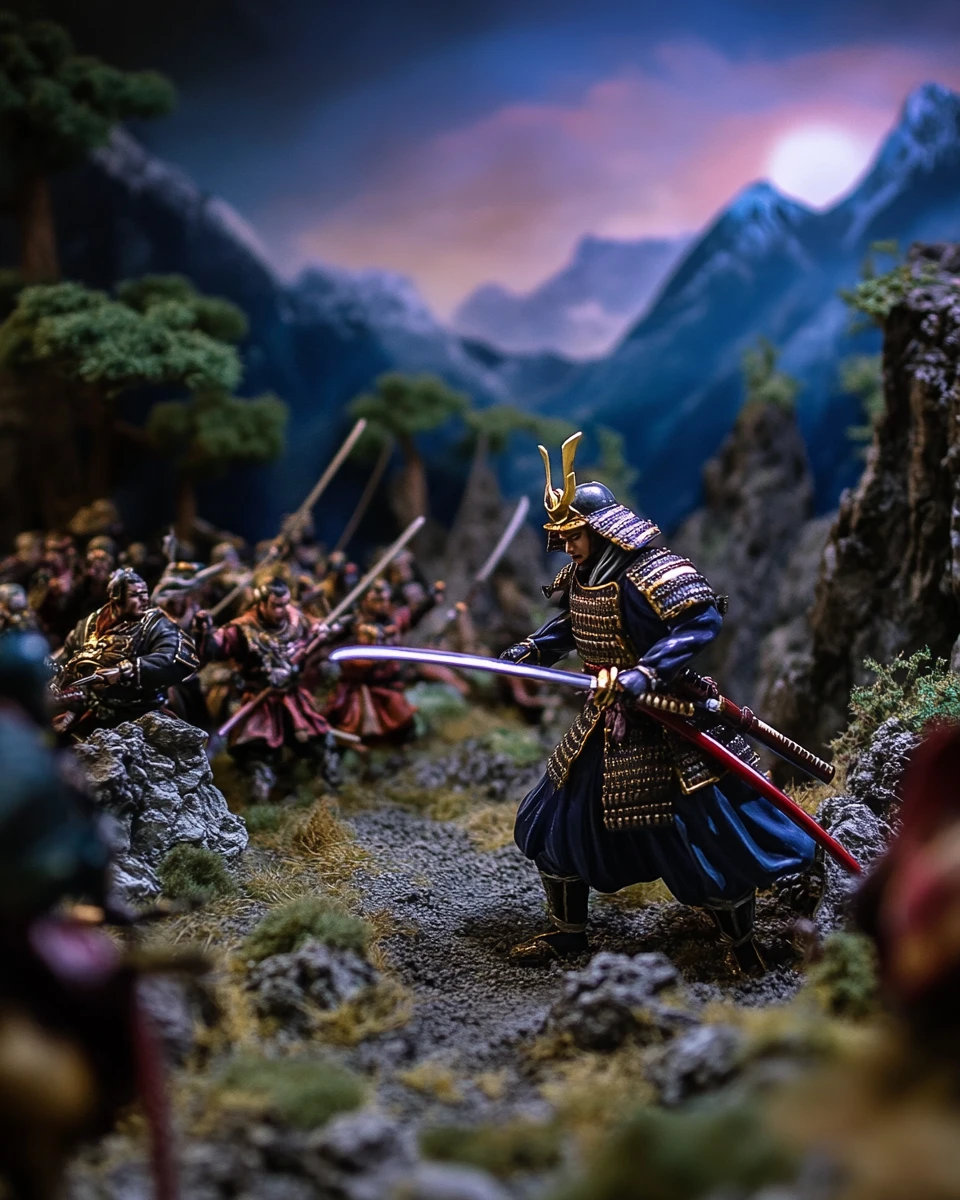 Samuráis en miniatura luchando de noche en paisaje montañoso