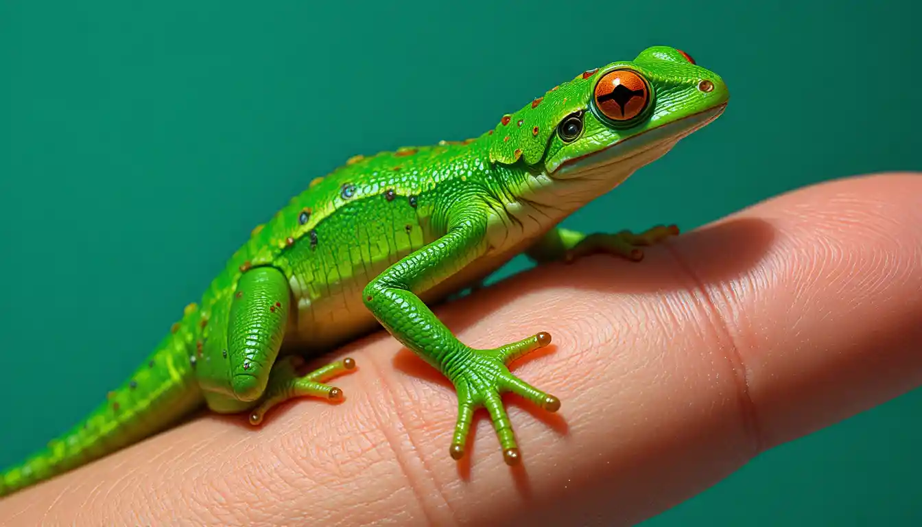 Green grasshopper clinging upside down to a human thumb