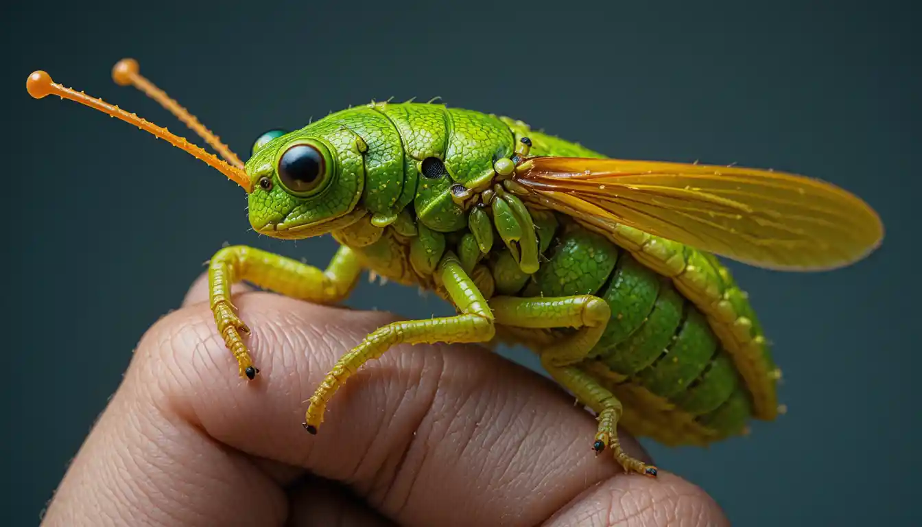 Macro view of green grasshopper clinging to human thumb