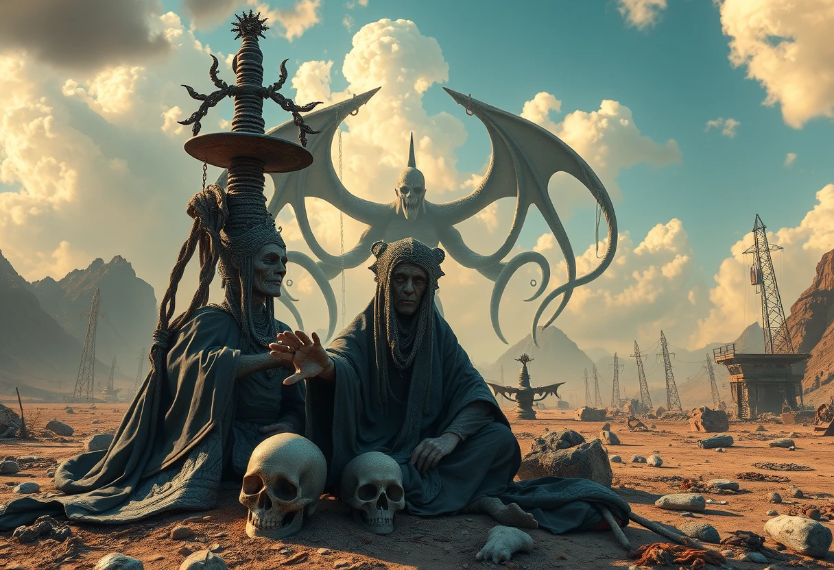 Whimsical pop surreal wasteland with looming cthulhu spirit