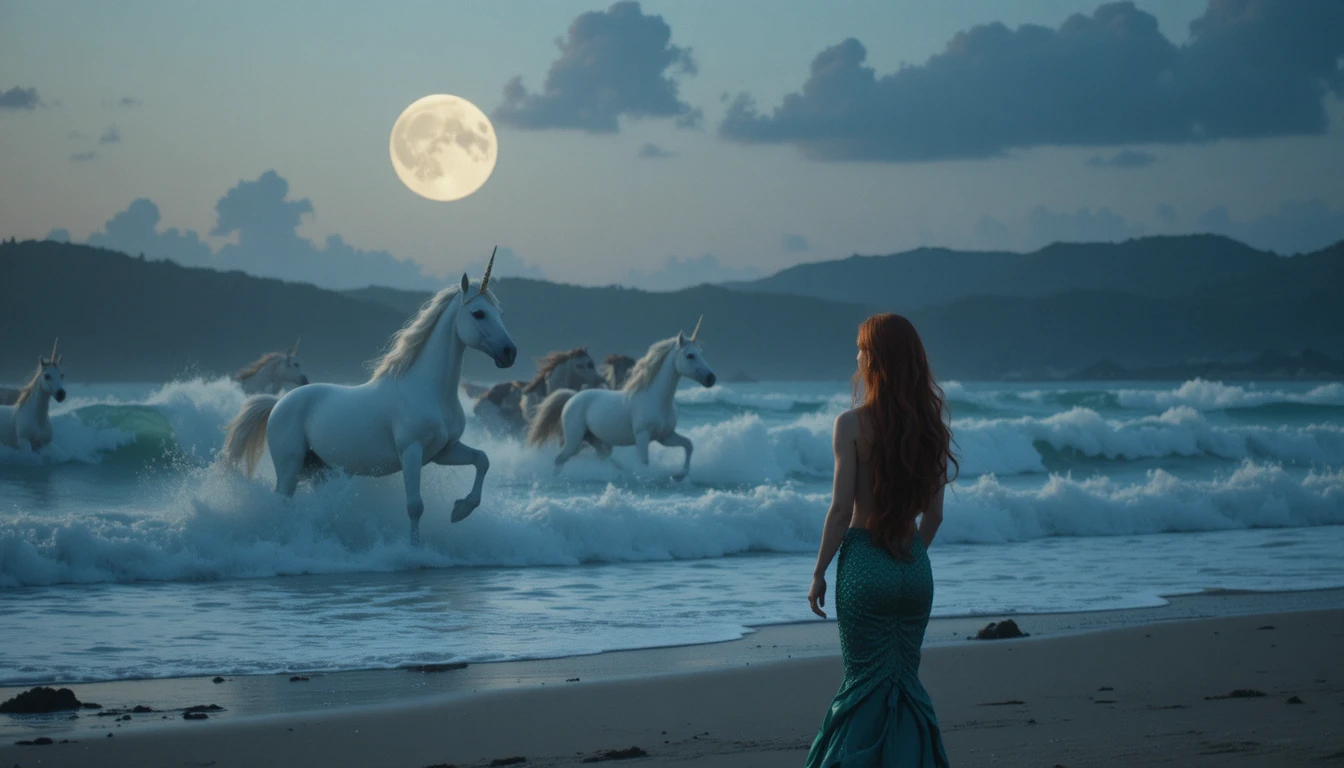 Sirenetta dai capelli rossi su una spiaggia sotto la luna piena