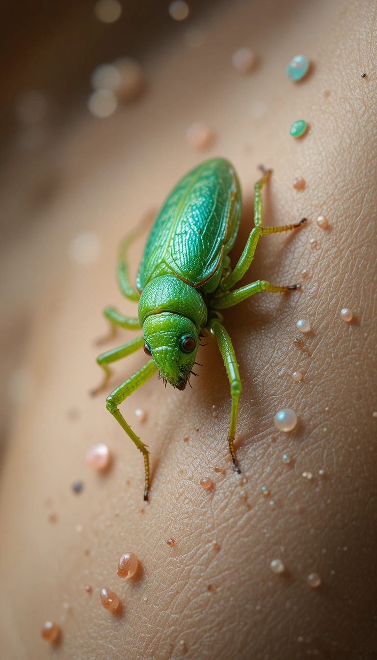 Macro close up of a green grasshopper on human skin