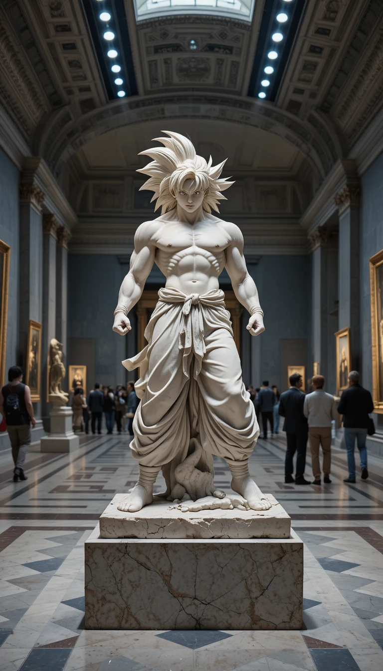 Classical marble statue of a dynamic warrior in museum gallery