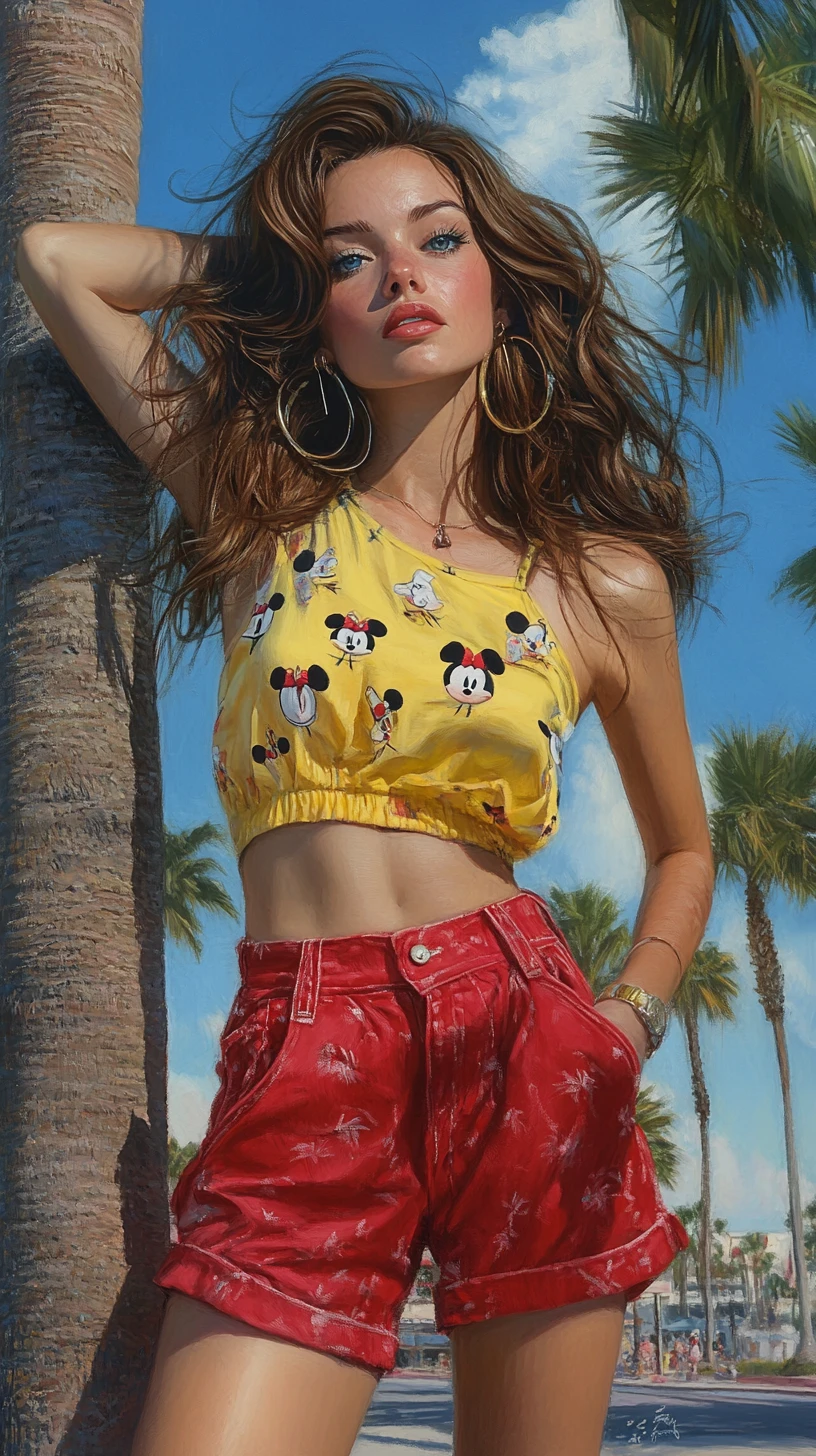 Confident girl leaning on palm tree in summer street
