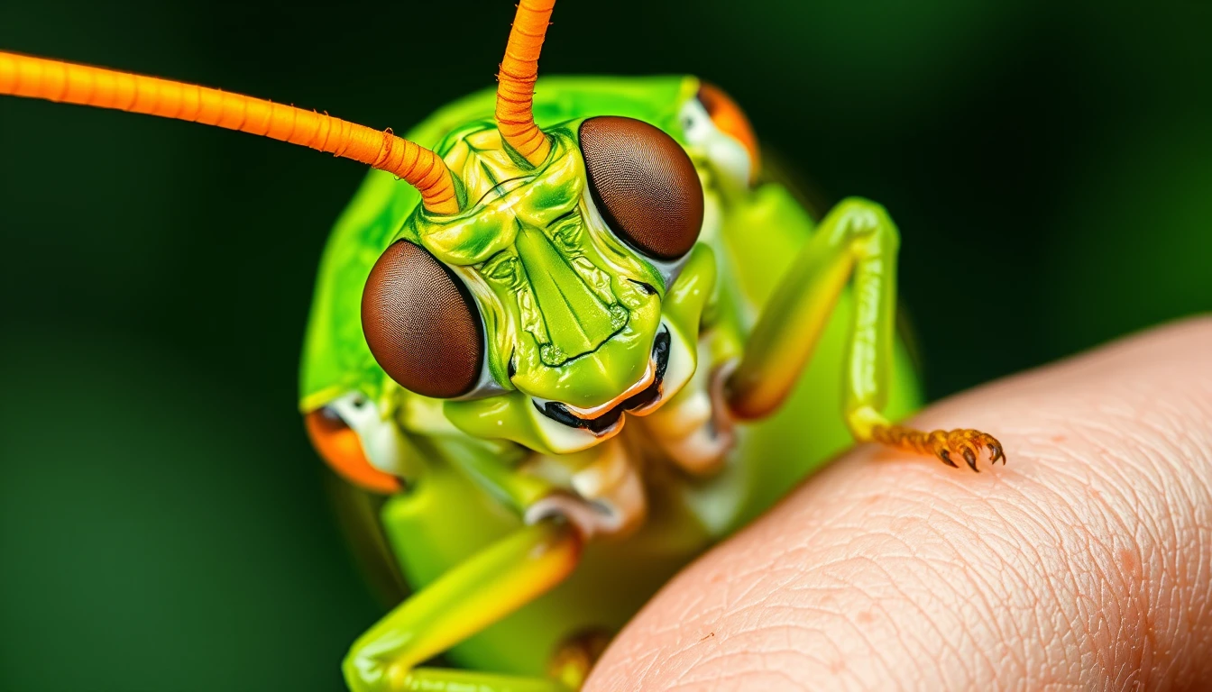 Macro view of green grasshopper clinging to human thumb