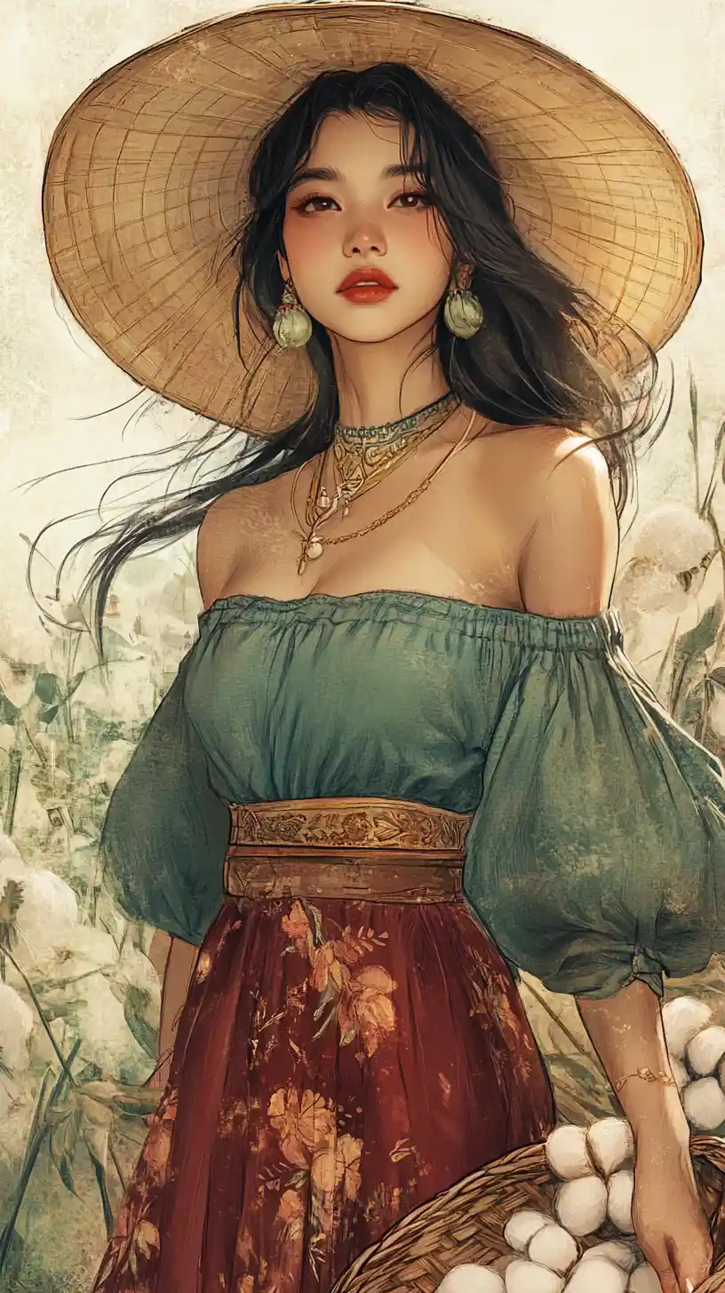 Asian girl with rice hat holding cotton basket