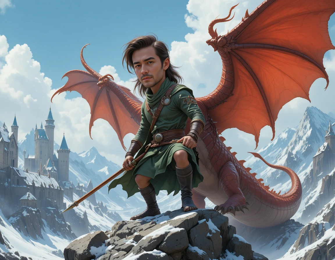 Warrior with red dragon above a misty fantasy fortress