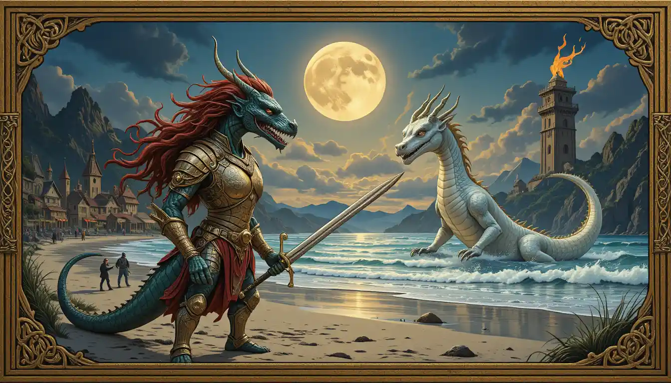 Gold armored dragon warrior before a burning village