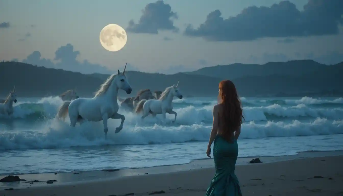 Sirenetta dai capelli rossi su una spiaggia sotto la luna piena