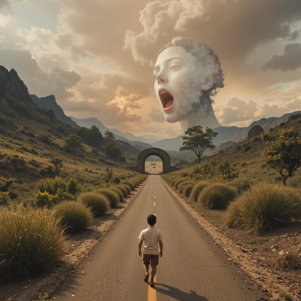 Surreal form shifting between face landscape and tunnel