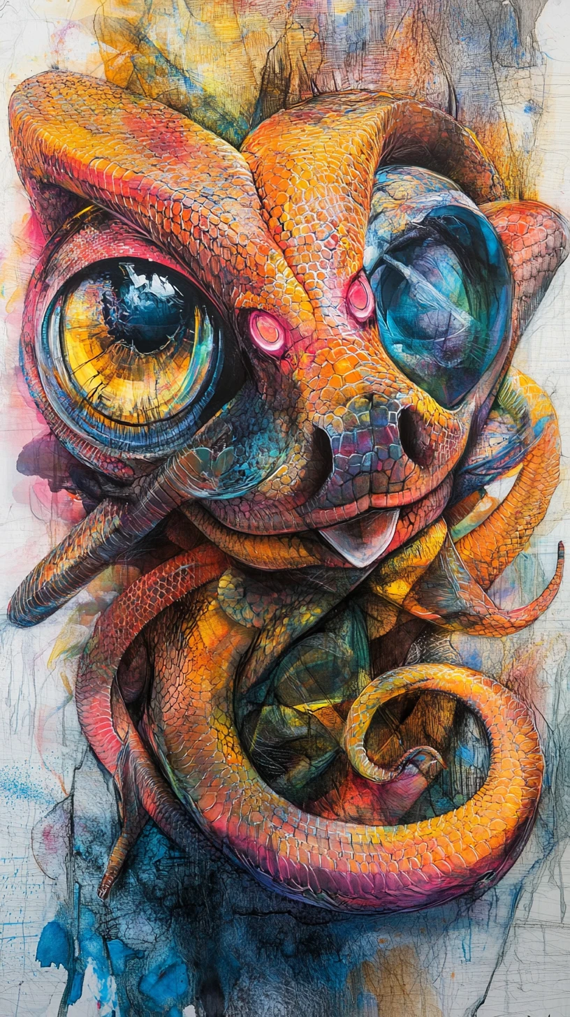 Abstract snake with vivid colors and hypnotic large eyes