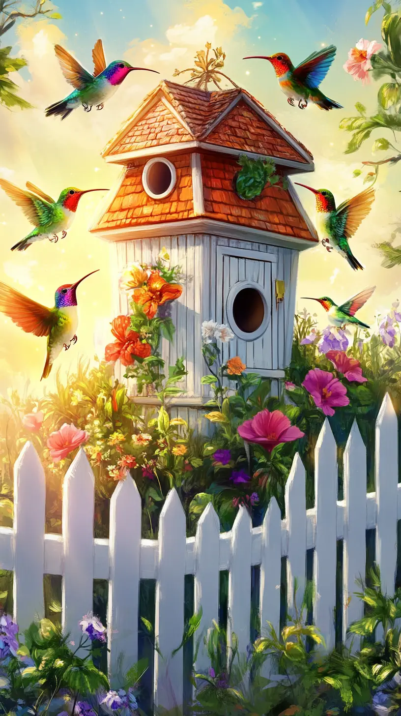 Nichoir décoratif dans un jardin ensoleillé avec colibris