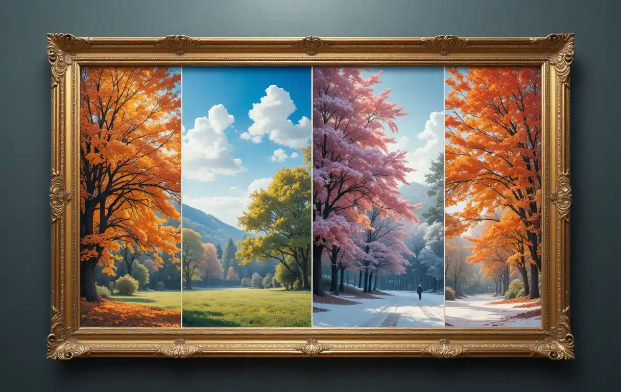 화려한 황금 액자 속 사계절 콜라주