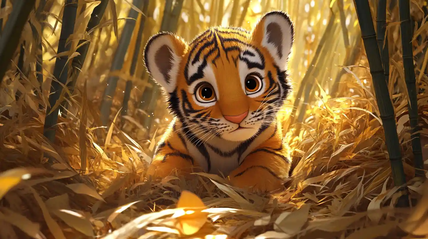 Baby tiger in golden forest grasses watercolor illustration
