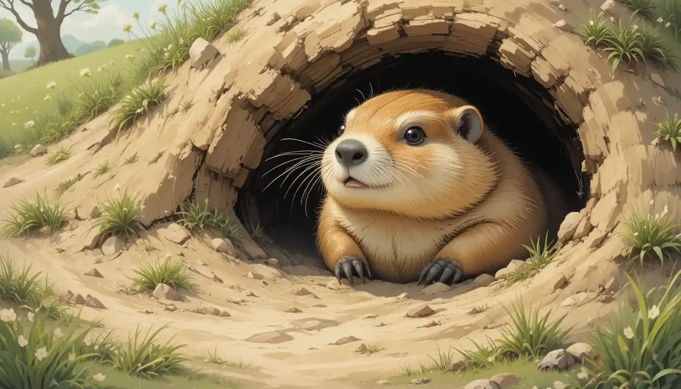 Curious groundhog peeking from a spring forest burrow
